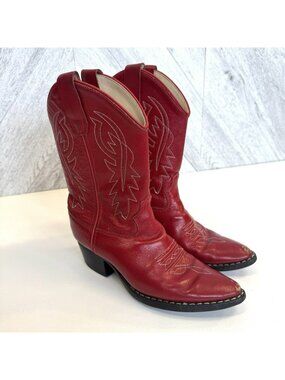 Old West Red Leather Cowboy Boots Kids Unisex Youth Size 3 D Western Rodeo